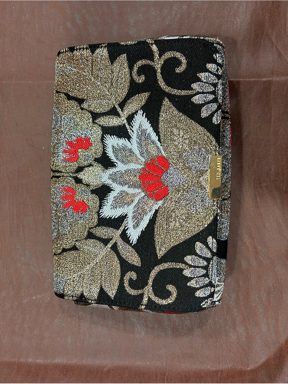 Ted Baker Black Floral Embroidered Clutch with Gold and Red Accents